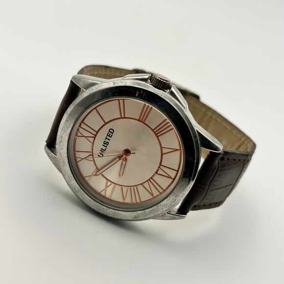 UNLISTED UL1295 Silver Tone Brown Leather 42mm Men’s Watch Working - Picture 6 of 8